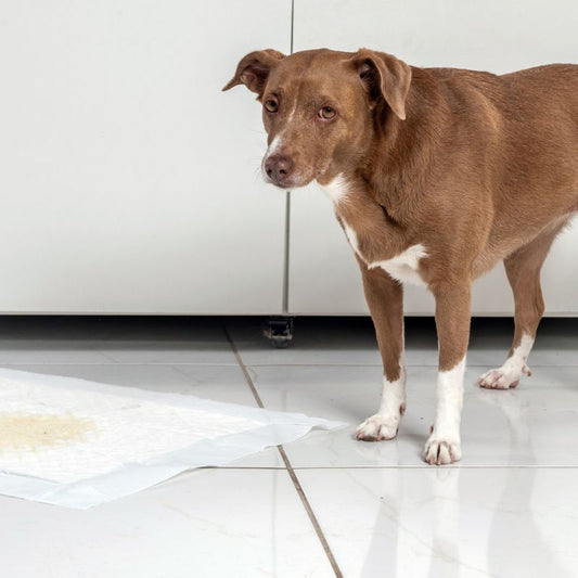 Senior old standing next to the petcellence puppy pad laid out on the hard floor