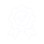 A minimalist white line icon depicting a circular badge or award ribbon, centered on a solid black background.
