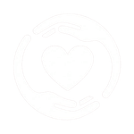 A thin white line icon depicting two hands holding a heart, forming a circular loop, on a solid black background.