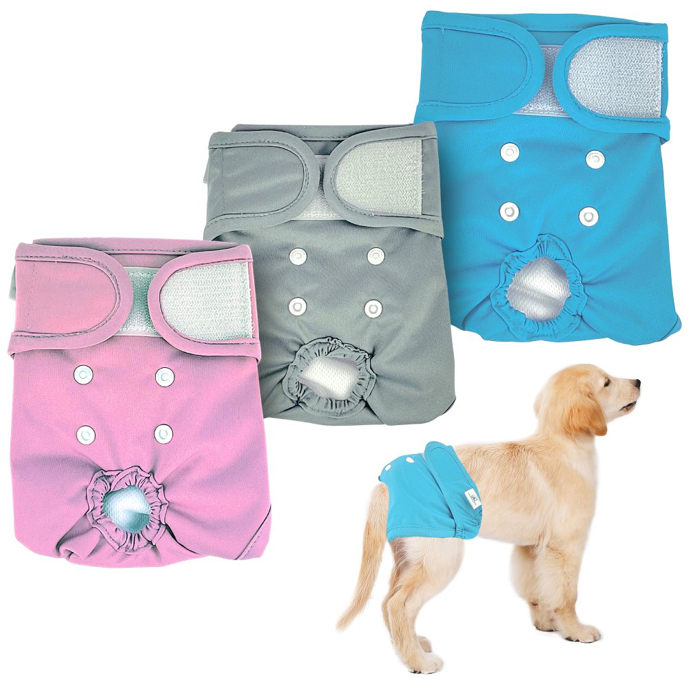 PetCellence washable dog nappies, plain three pack in pink, blue and grey